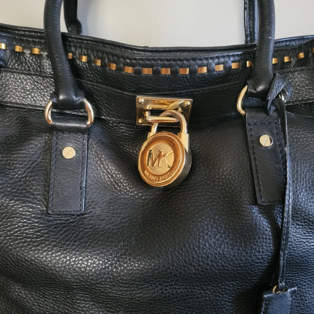 Michael Kors Hamilton Black Leather Satchel Shoulder Bag - Picture 2 of 16